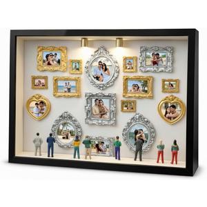 DIY Mini Museum Picture Frames Set, Museum of Us Silhouette Shadow Box with 15 Vintage Mini Frames & 10 Mini Figurines, Family Photo Memory Display Case for Anniversary, Wedding, Home Decor