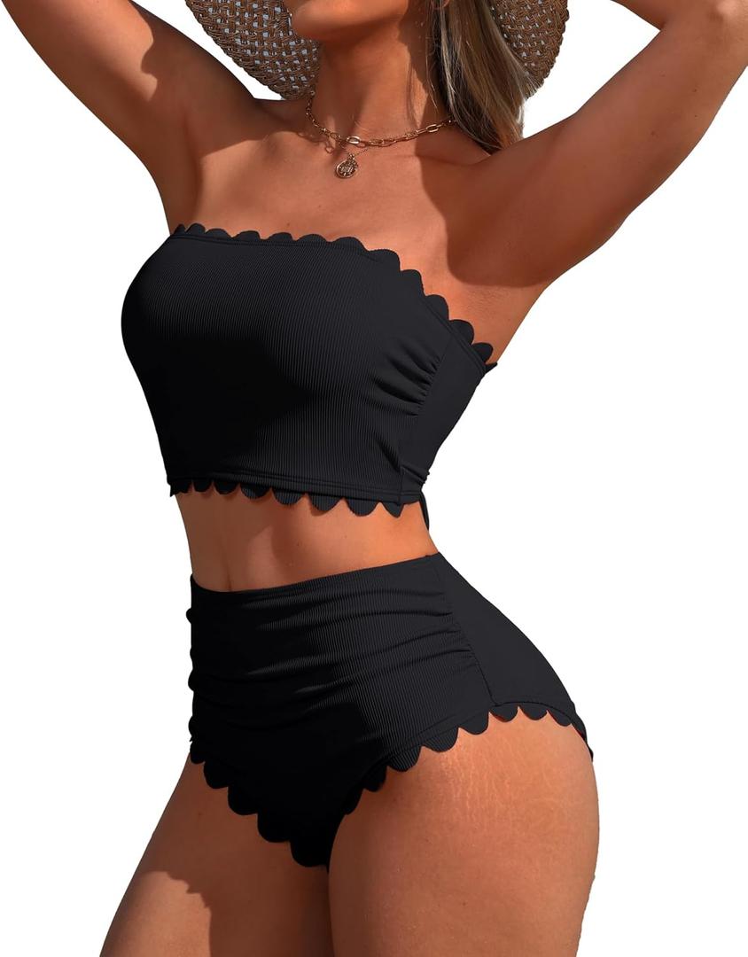Charmo Strapless High Waisted Bikini Sets for Women Tummy Control Scallop Ribbed Bandeau Swimsuit Lace up Bathing Suits (Large, Black)