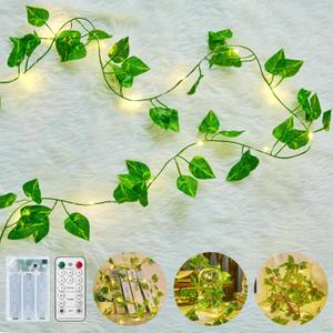 Minetom Vine Fairy Lights Battery Operated: 21ft 60 LED Green Pothos Garland Light with Remote Control - Hanging Leaf String Lights for Girls Bedroom Dorm Room Wall Decorations, Pack of 2