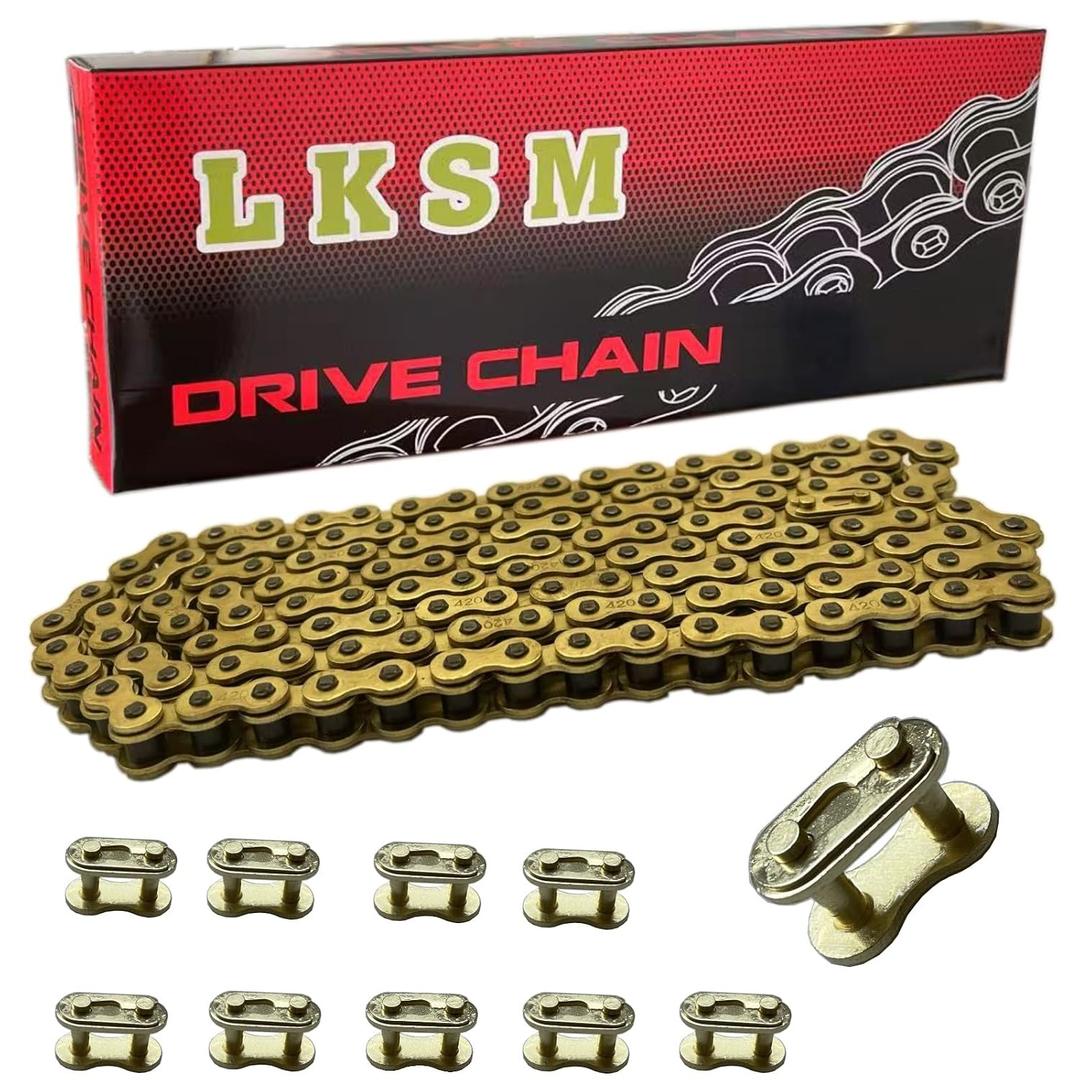 420 Motorcycle Chain Gold 132 Link Standard Roller Chain with 10 Connecting Master Link for 100cc 110cc 125cc Dirt Pit Bike ATV Quad Go Kart Mini Bike Scooter