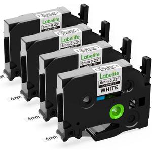 Labelife Replacement for Brother TZe-211 TZe211 P Touch Label Tape 6mm Label Maker Tape TZe TZ Tape 6mm 0.23 Laminated White for Brother PT-D220 PT-D210 PT-H110 PT-D400 PT-D600, 0.23 Inch, 4-Pack (Black on White)