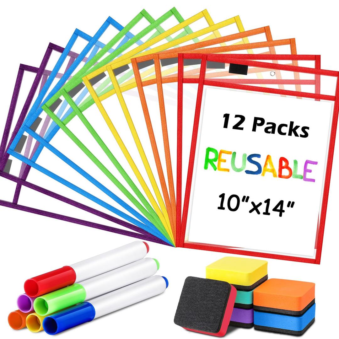 Watersay 24 Pcs 10x14 Dry Erase Pockets Sleeves, Rainbow