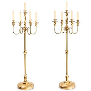 Gold Candelabra for Wedding Event Decor, 50'' Tall Floor Candle Holders, 2 Pcs Metal 5 Arm Centerpiece Decorations for 5 Candlesticks Party Wedding Aisle Home Decor