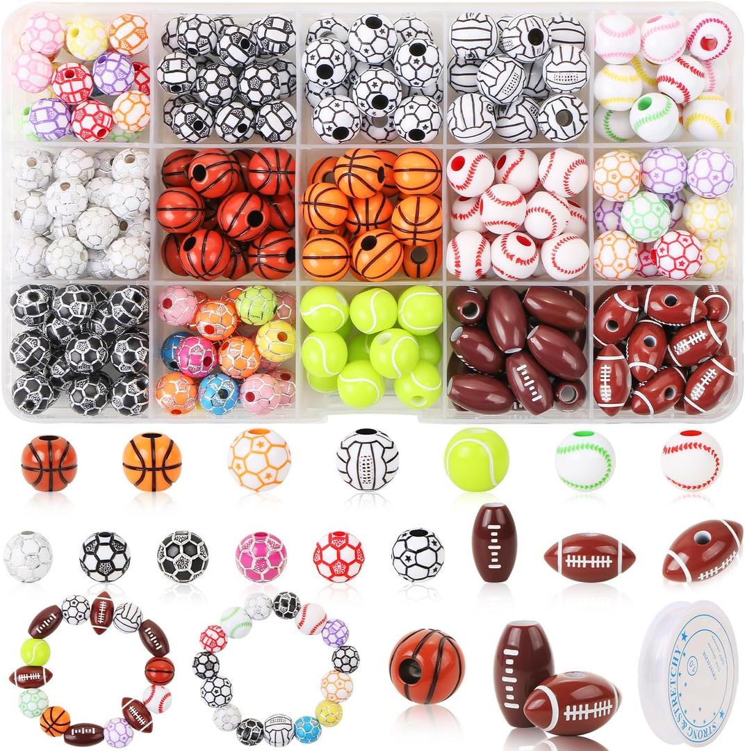 200 Pcs Sports Ball Beads for DIY Jewelry Making, Acrylic Tiny Baseball Basketball Soccer Football Volleyball Beads for Bracelets Keychains Necklaces Crafting Sports with Box