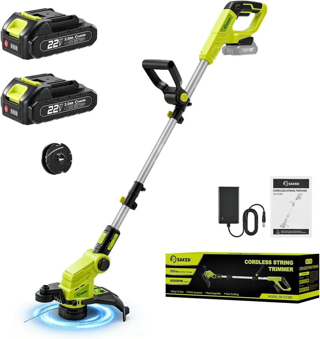 Saker Cordless Weed Wacker,3-in-1 Weed Cutter with Auto Line Feed, 12-in Cordless Lawn Mower Grass Trimmer&Edger Lawn&Mower Tool with 2 Batteries for Yard, Garden,Wireless Weed Eater with 2 Lines, 2 Spool Lines Included