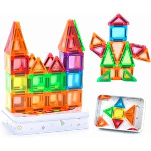 ZNZ Mini Magnetic Tiles 48PCS Travel Set with Case, Portable Magnetic Blocks Building Toys, Montessori Preschool Classroom Must Haves Sensory STEM Toys, Birthday Gift for Boys Girls Ages 3-8