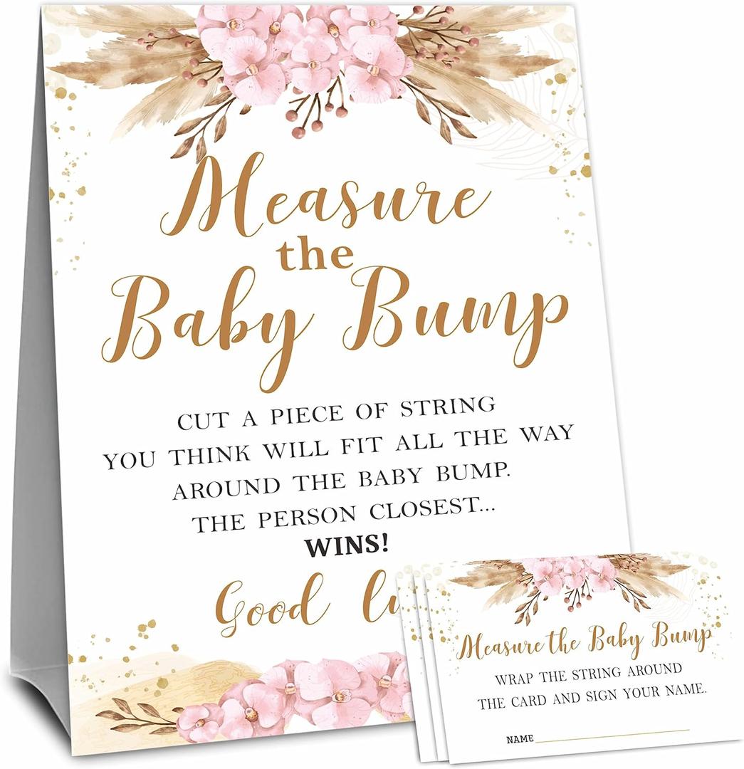 Boho Floral Baby Shower Measure Maternal Bump Game Set - Standalone Sign & 50 Tickets - Gender Reveal, Announcement & Shower Activity & Party Favor - A05