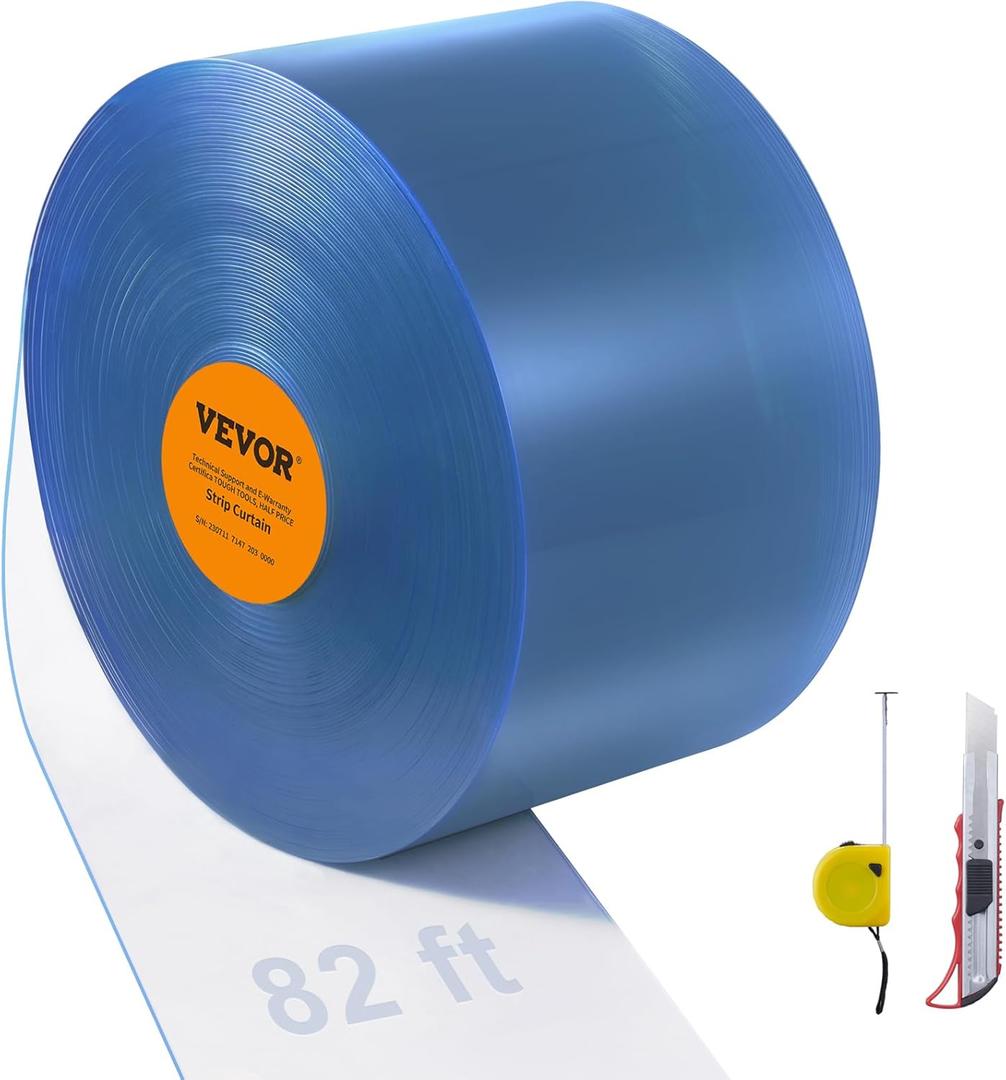 VEVOR Strip Curtain, 82' Length x 8" Width x 0.08" Thickness, Clear PVC Smooth Curtain Strip Door Bulk Roll, Plastic Door Strips for Doorways of Supermarket, Garage, Warehouse, Barn, Pet Animal House