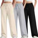 LessonZoo 3 Pack Girls Wide Leg Sweatpants Drawstring Baggy Pants Teen Girls Athletic Joggers Pants with Pockets 5-14Y(White, Light Heather Gray, Black, 13-14 Years)