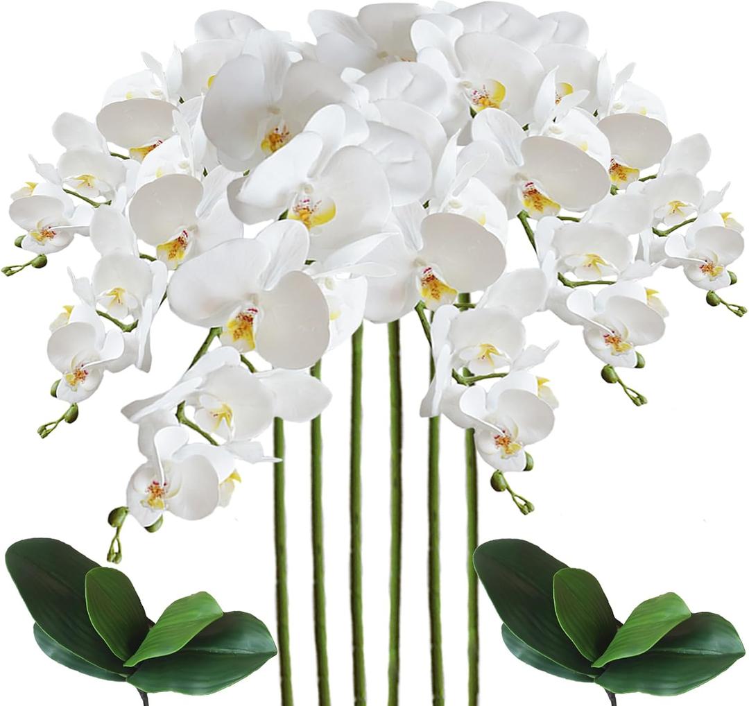 Artificial Phalaenopsis 6 Pcs Artificial Flowers Fake Orchid Flowers Stem Plants with 2 Pcs Leaves for Dcor (White)