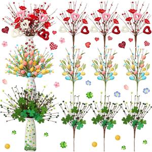 Zeyune 12 Pcs St. Patricks Day Easter Centerpieces for Tables Set 9 Holiday Picks with 3 Vases Shamrock Leaf Egg Branches St. Patricks Day Easter Picks Valentine for Table Living Room Home