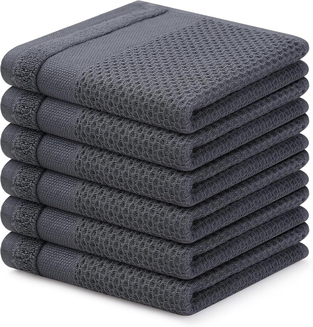 Homaxy 100% Cotton Dish Cloths, 6 Pack - 12 x 12 Inches, Waffle Weave Super Soft and Absorbent Dish Towels Quick Drying Dishcloths, Dark Grey