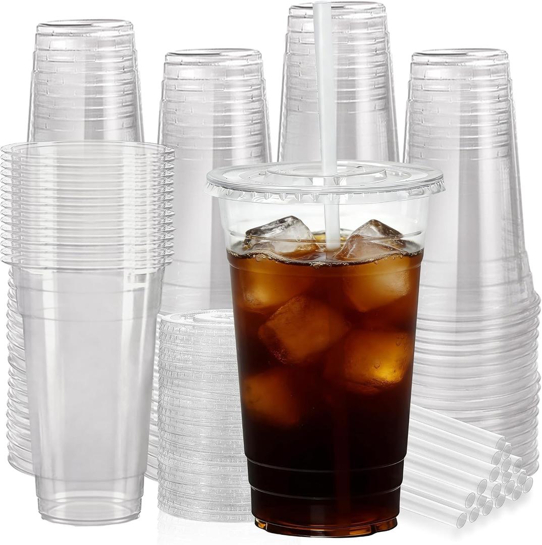 100 Pack 24 oz Clear Plastic Cups with Lids and Straws, [Leak-Proof & Snap-Tight Design] Disposable Iced Coffee Cups for Smoothies, Bubble Tea and Cold Drinks, BPA Free Sturdy PET Tumblers, Medium (EXP 09/24/33)