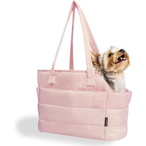 Lightweight Dog Purse Carrier for Small Dogs Under 15 lbs, Puffy Quilted Pet Carrier Tote for Puppies with Safety Leash Clip, Women's Hands-Free Dog Carrier Bag for Travel/Shopping (Beige)