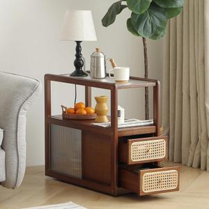 Furlide Rattan Nightstand Side Table with Storage, Bamboo Nightstand Bedside Table, Glass Mid Century Modern End Tables for Small Spaces, Living Room, Bedroom，Walnut