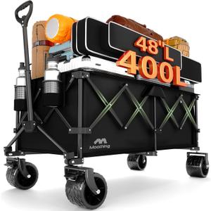 48L Foldable Wagons Carts Extended, Collapsible Folding Wagon 500lbs Heavy Duty, 320L Large Beach Wagon, Utility Wagon with All Terrain Big Wheels for Sports, Camping, Grocery, Garden, Black