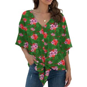 VIISHOW Womens Tie Front Chiffon Blouses V Neck Batwing Short Sleeve Summer Tops Shirts (Green, XL)