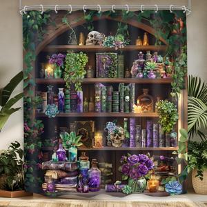 Gothic Skull Shower Curtain 60Wx72H Vintage Witchy Spooky Retro Wizard Magic Bookshelf Succulent Black Unique Cool Bathroom Decor Plant Mysterious Bath Curtain Fabric Polyester 12 Pack Hooks