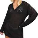 Pink Queen Swimsuit Coverup for Women 2025 Crochet Long Sleeve Hollow Out Mesh Knit Beach Cover Up L