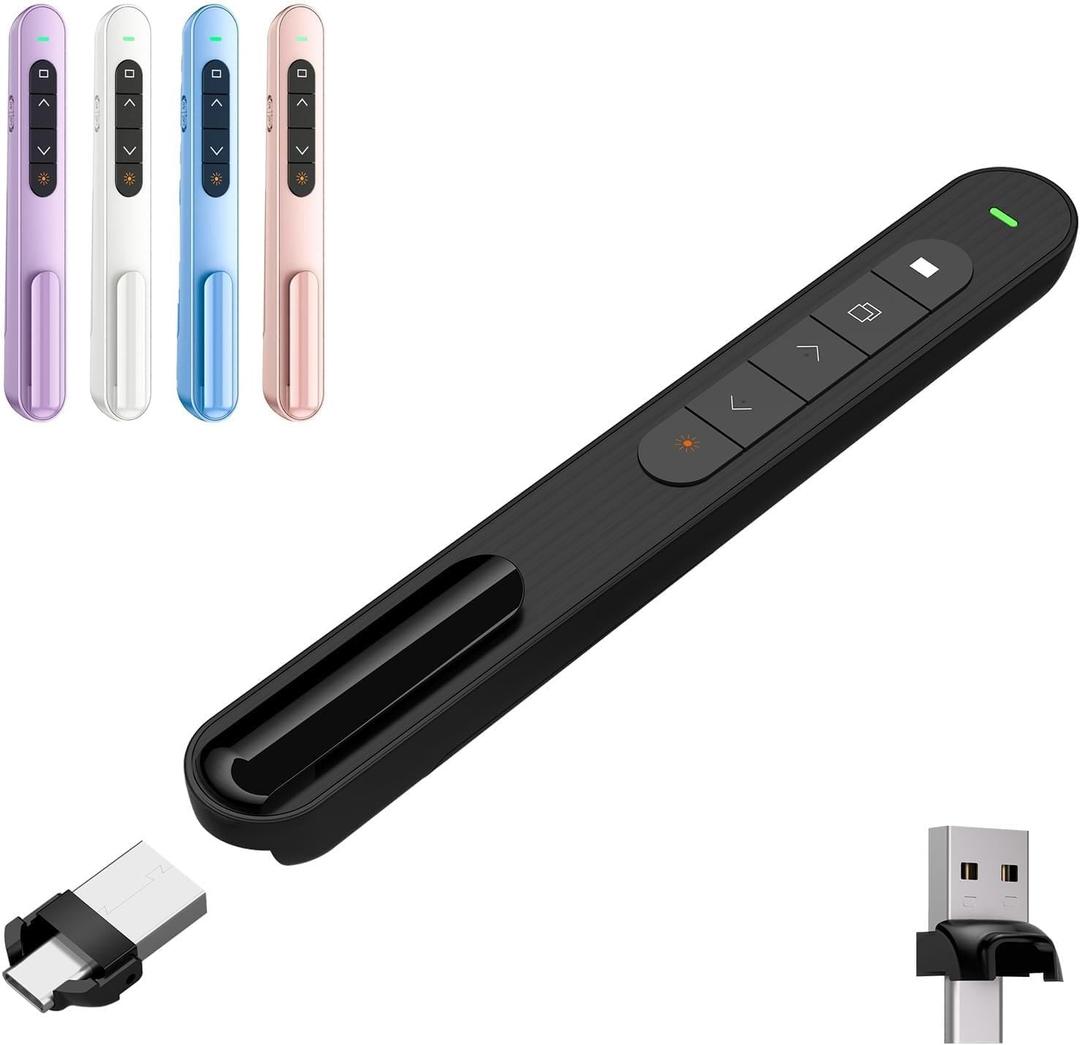 Presentation Clicker with Red Pointer Beam, 328ft Long-Range Wireless Presenter Remote with Magnetic USB Receiver, PowerPoint Clicker Compatible with Windows/Android/macOS/Linux, Black, USB A&C