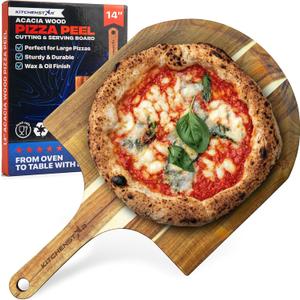 KitchenStar 14-Inch Acacia Wood Pizza Peel Large Wooden Cutting & Serving Board with Handle Natural Oil Finish Ideal Pizza Oven Accessory for Easy Sliding & Prep