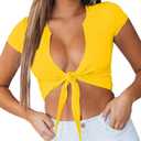 BORIFLORS Women's Sexy Tie Up Crop Top Short Sleeve Deep V Neck Casual Basic T Shirt (Yellow, M)