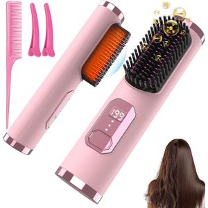 Cordless Hair Straightener Brush, Portable 500 Million Ions Smooth Straightening Brush, Rechargeable 4-IN-1 Go Brush, MCH Fast Heating, 5D Dense Bristles, LED Display, Anti-Scald for Women Home Travel (Pink)