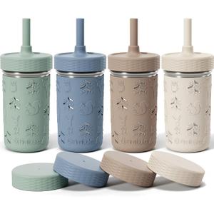 Fimibuke Toddler Cups Spill Proof, 12 OZ Sippy Cups for Kid Girl Boy, Leak Proof Stainless Steel Tumbler with Lid, Silicone Straw & Sleeve, BPA Free Dishwasher Safe Water Bottle Snack Container 4 Pack