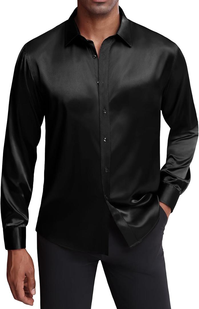 J.VER Men's Silk Satin Long Sleeve Dress Shirts Shiny Casual Button Down Shirt Luxury Party Prom Shirts (XL, Black)