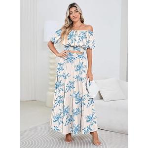 HUUSA 2025 Summer 2 Piece Boho Outfits for Women Short Sleeve Off Shoulder Crop Top and High Waist Flowy Long Skirt Set, Size: L