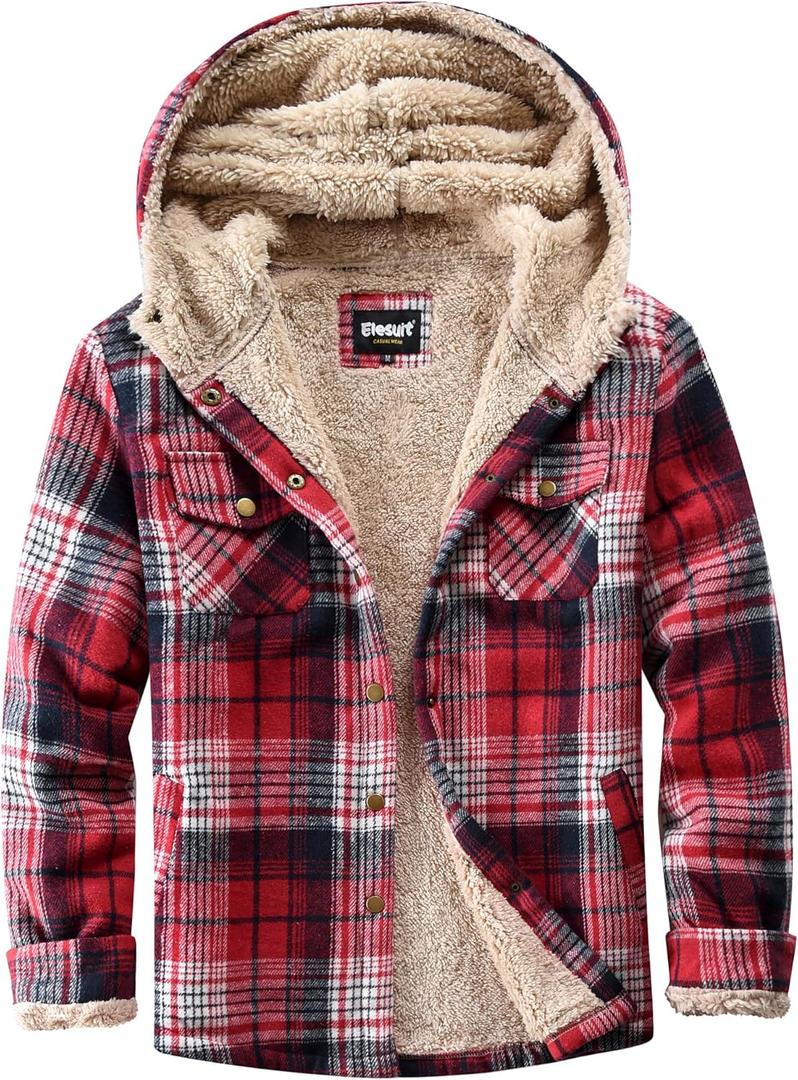 Elesuit Women's Fleece Flannel Jacket Plaid Sherpa Lined Jacket Long Sleeve Button Down Hooded Jackets for Women (Large, Dark Red)