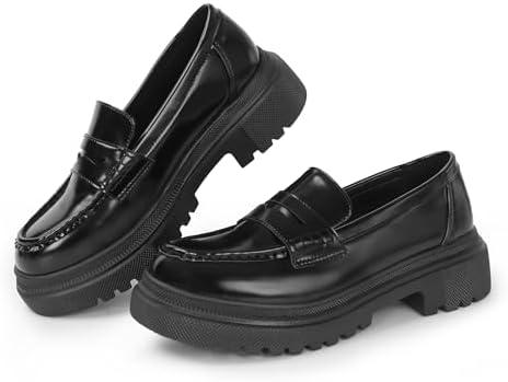 Gemialle Women's Fashion Comfortable Platform Chunky Loafers & Slip On Casual Penny Loafers Round Toe Padded Business Dress Shoes, Size 9