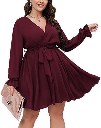 SCOMCHIC Women's Plus Size Long Sleeve Wrap V Neck Tie Waist A Line Mini Dress XL