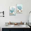 ZQQART Blue Coral Canvas Wall Art Ocean Theme Picture Wall Decor Shell Painting Starfish Prints Art Beach Bathroom Decor Framed(16.00"x24.00"x2P)