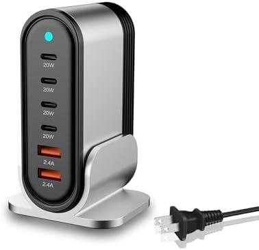 USB C Fast Charger : 6 Port Desktop Multiple Devices Power Adapter for Laptop MacBook Pro/Air, DELL, Tablet iPad Pro/Air, iPhone 16/15/14, Galaxy S23/22