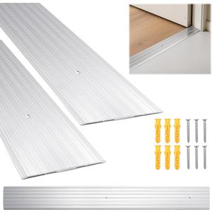 Aluminum Door Threshold - 36" L x 5" W 2PCS Exterior Door Threshold with Pre Drilled Holes and Expansion Screws, Non-slip Fluted Saddle Threshold Flat Profile Threshold, Prevent Dust & Airflow, Silver