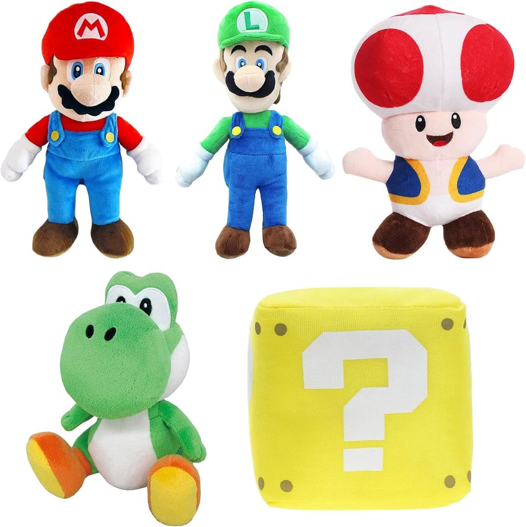 Mario All Star Collection Plushies, Mario and Luigi Stuffed Plush Toys, Yoshi, Toad and Coin Box Plushies, Set of 5 Dolls 9.8