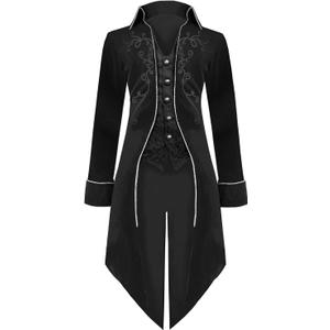Medieval Steampunk Tailcoat Halloween Costumes for Men, Renaissance Pirate Vampire Gothic Jackets Vintage Warlock Frock Coat (XX-Large, Black)