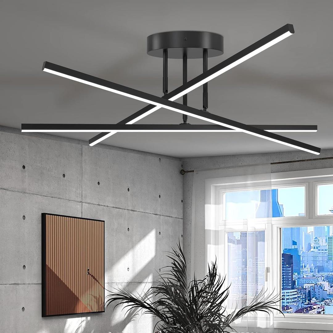 Modern LED Chandelier 24W Dimmable Black Semi Flush Mount Ceiling Light Fixture for Kitchen Dining Room Foyer Entry, 23.82"