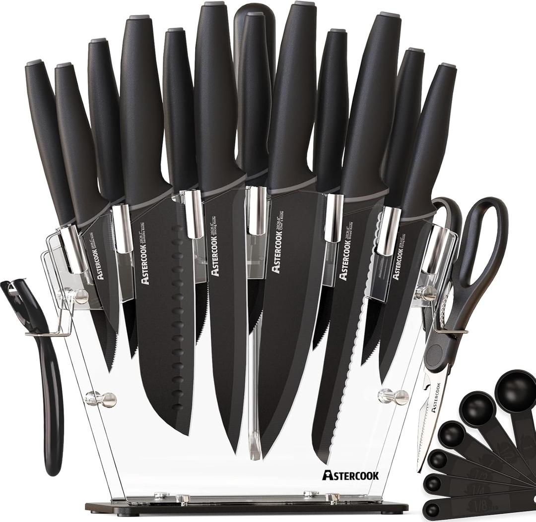 Astercook Knife Set with Block and Sharpener, 22 Piece Kitchen Knife Set Dishwasher Safe, Space-Saving Clear Knife Block with Knives for Everyday Home Cooking Black