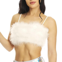 Women Rave Festival Feather Crop Tops Faux Fur Spaghetti Straps Tube Top for Concert Club Party S