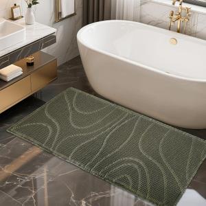 ZALL Dark Green Waffle Bath Mat Wavy,Super Absorbent Non Slip Bathroom Rug, 24x48inch, Machine Washable Ultra Soft Floor Mats
