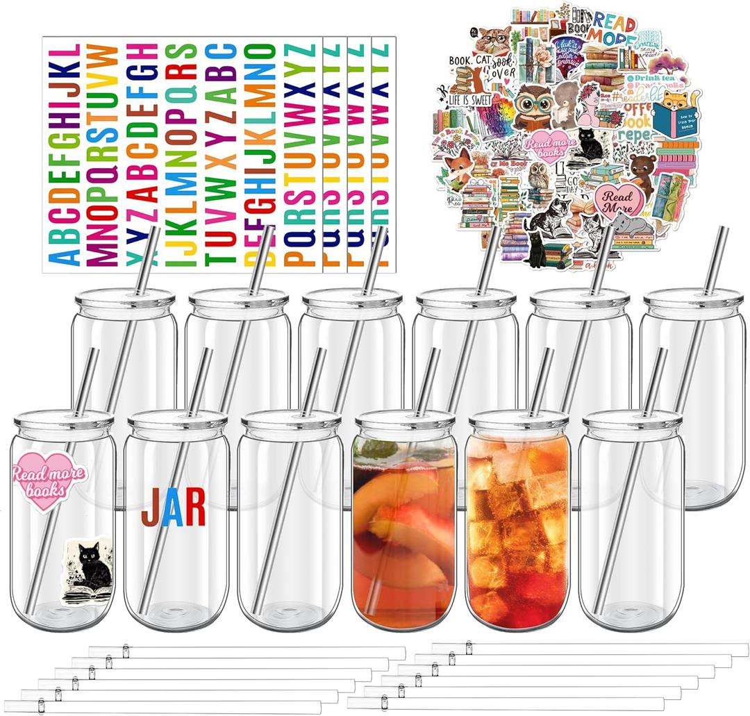 16 oz Clear Plastic Cups Reusable with Lids and Straws & DIY Sticker, 12Pack Acrylic Mason Jars Iced Coffee Drinking Glasses Cup for Park Picnic, Poolside, Party Giveaways