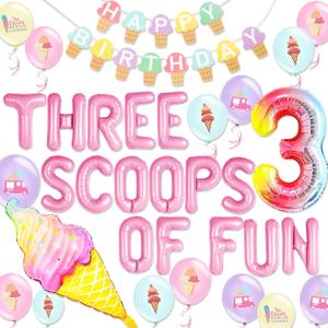 Threenager Ice Cream Birthday Decorations Sweet Banner Cupcake Toppers with Balloon Garland Banner Cupcake Toppers Sprinkle Balloons for 3rd Birthday Girls Three is So Sweet Theme