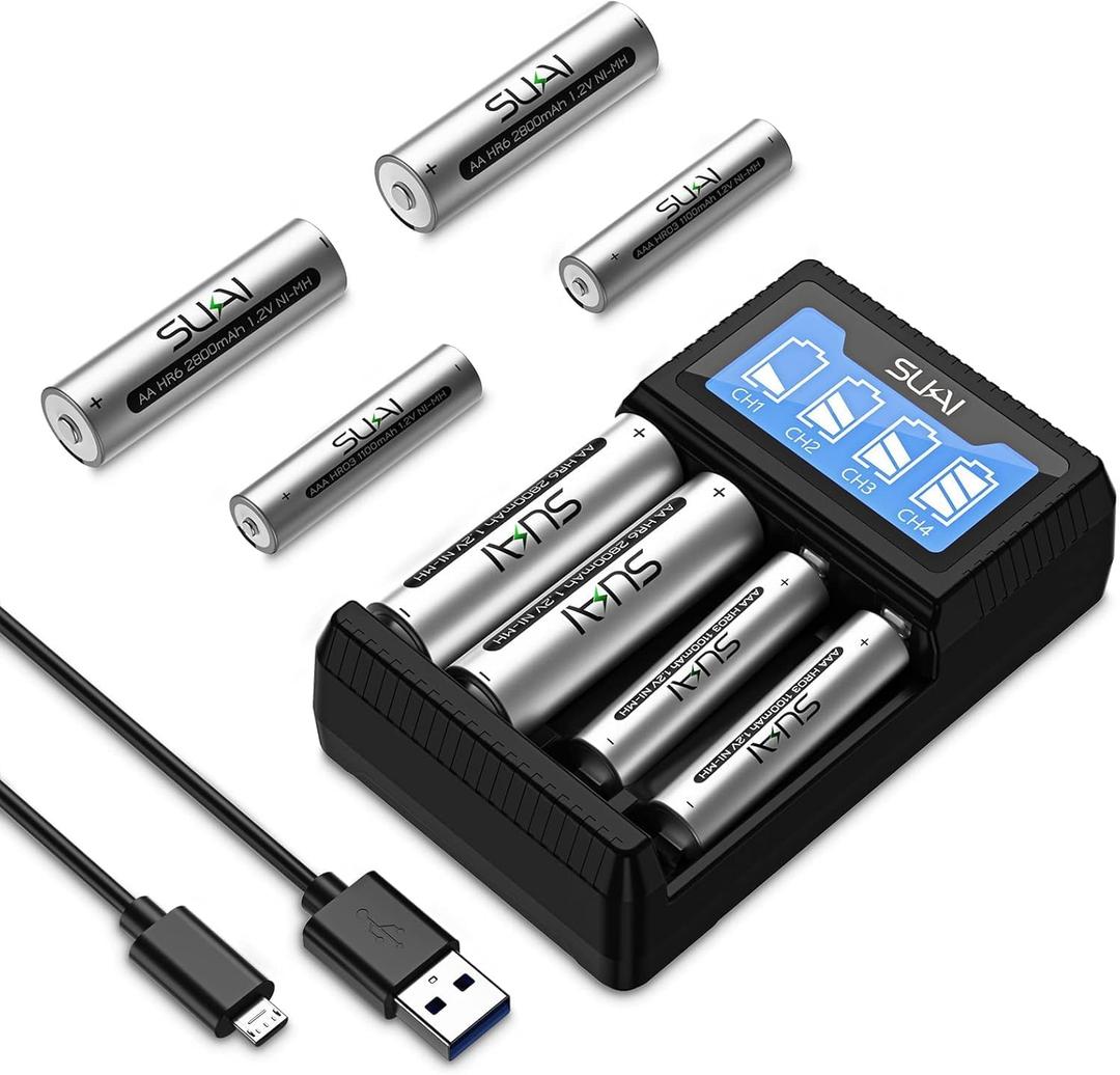SUKAI AA AAA Rechargeable Batteries - AA 2800mAh & AAA 1200mAh 8 Count (4AA + 4 AAA) with LCD Fast Rechargeable Battery Charger - High Capacity, Low Self Discharge Ni-MH 1.2V Rechargeable Battery