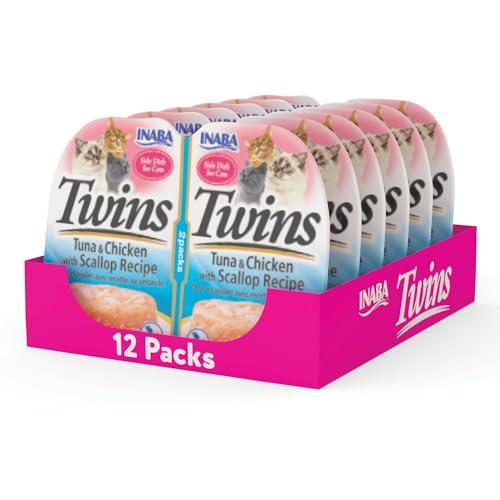 INABA Twins for Cats, Shredded Chicken & Broth Gelée Side Dish/Topper Cups with Green Tea Extract, 1.23 Ounces per Serving, 12 Servings, Tuna & Chicken with Scallop Recipe Best By 03/25/27