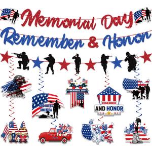 Memorial Day Decorations Banner and Hanging Swirls, No-DIY Memorial Day Remember and Honor Banner Set Glitter Blue Red and White Patriotic Decorations for Office Indoor Outdoor Party Supplies