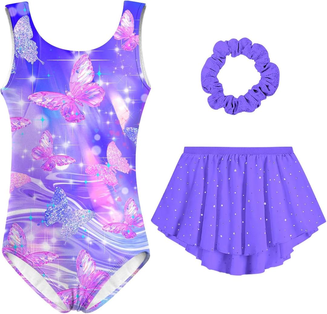 Idgreatim Girls Gymnastic Leotard Ballet Dance Dress Outfit with Removable Skirt Hair Scrunchie Combo 4-11 Years (Abutterflies Sparkly)