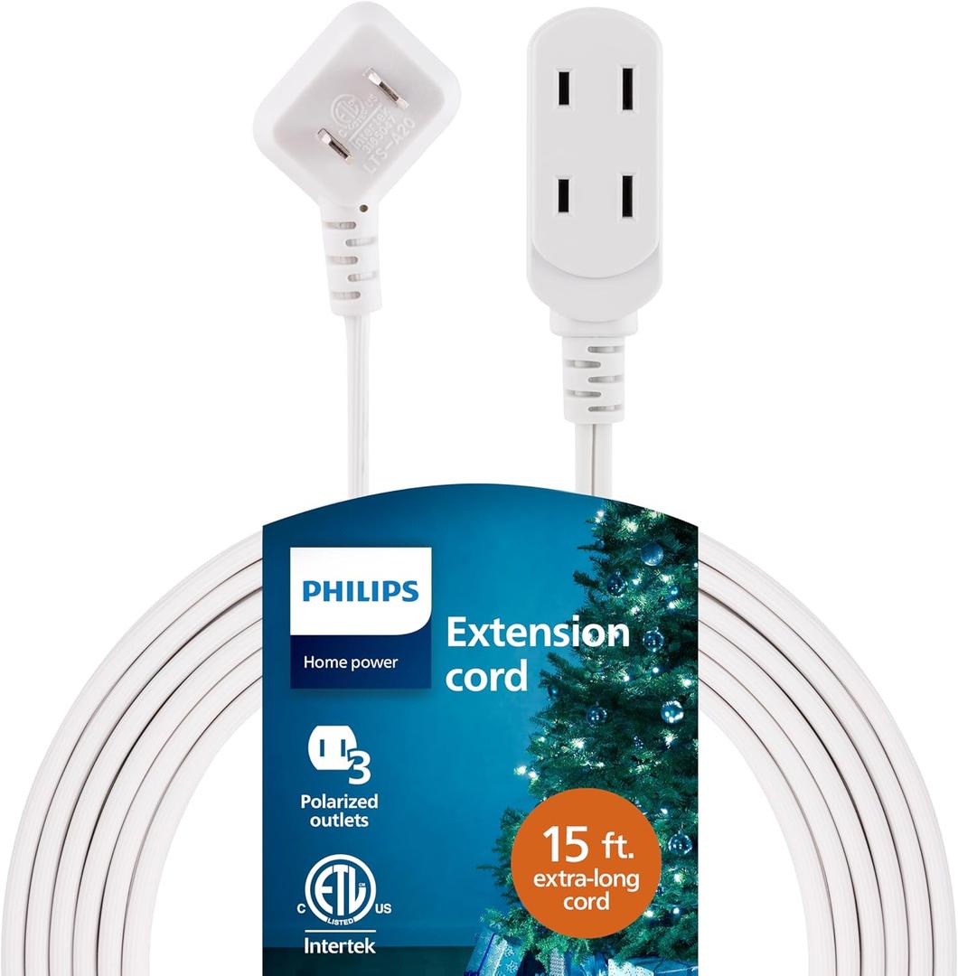 Philips Extension Cord, 15 Ft, 3-Outlet Flat Plug Extension Cord, Flat Extension Cord with Multiple Outlets, 2 Prong Extension Cord, Safety Slide Long Extension Cord, 1 Pack, White, SPS1032WE/27