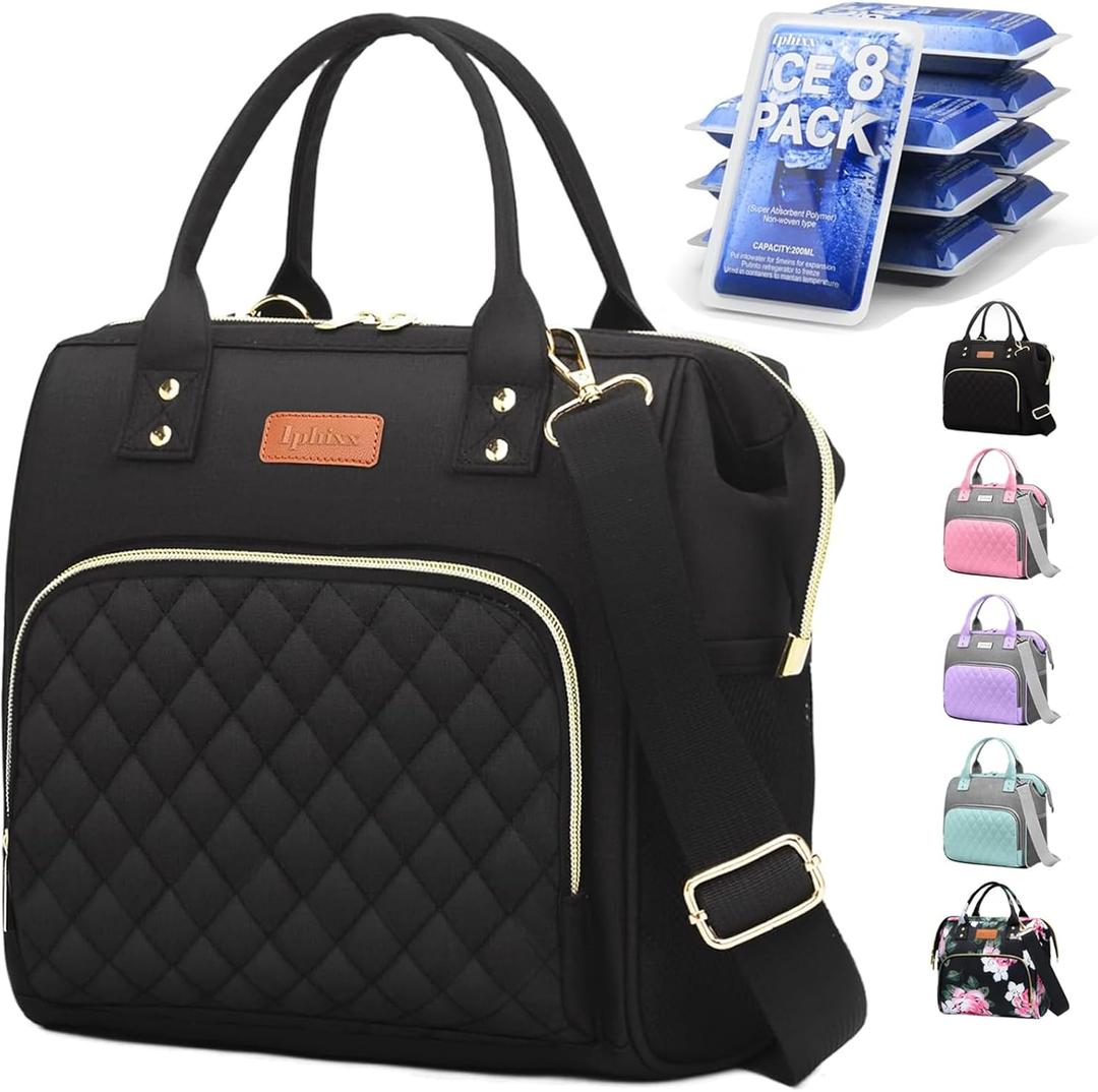 Lunch Bags for Women: Insulated Lunch Box Women Adults, Lunch Bag, Leakproof Lunch Tote Work with Adjustable Strap Reusable Cooler Tote Bag Picnic,Camping, 8 Ice Packs Gray Black